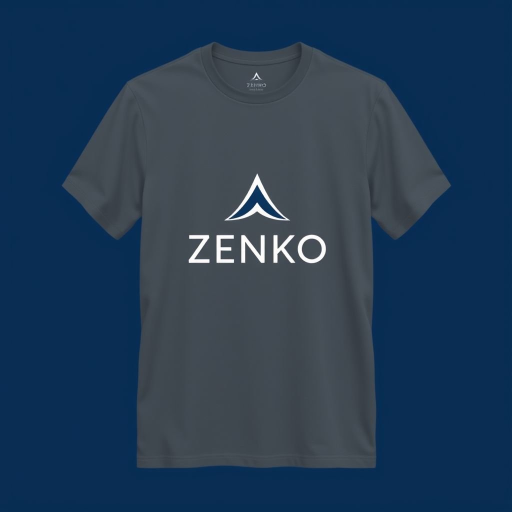 mockup design, Concevez un t-shirt moderne et épuré sous la marque ZENKO, mettant en avant des couleurs sobres comme le gris et le bleu marine. Ajoutez un logo minimaliste au centre, représentant l'équilibre et la sérénité. Utilisez une coupe ajustée pour convenir aux adultes, avec un tissu doux et confortable.