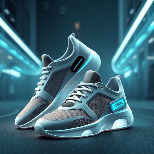 mockup design, Design a pair of innovative smart shoes that combine style and functionality. They should feature a sleek, modern silhouette, integrated health-monitoring sensors, and a responsive touchscreen display on the side. The shoes should be made of lightweight, breathable materials with customizable colors and patterns for a personalized look. Include a futuristic urban backdrop.