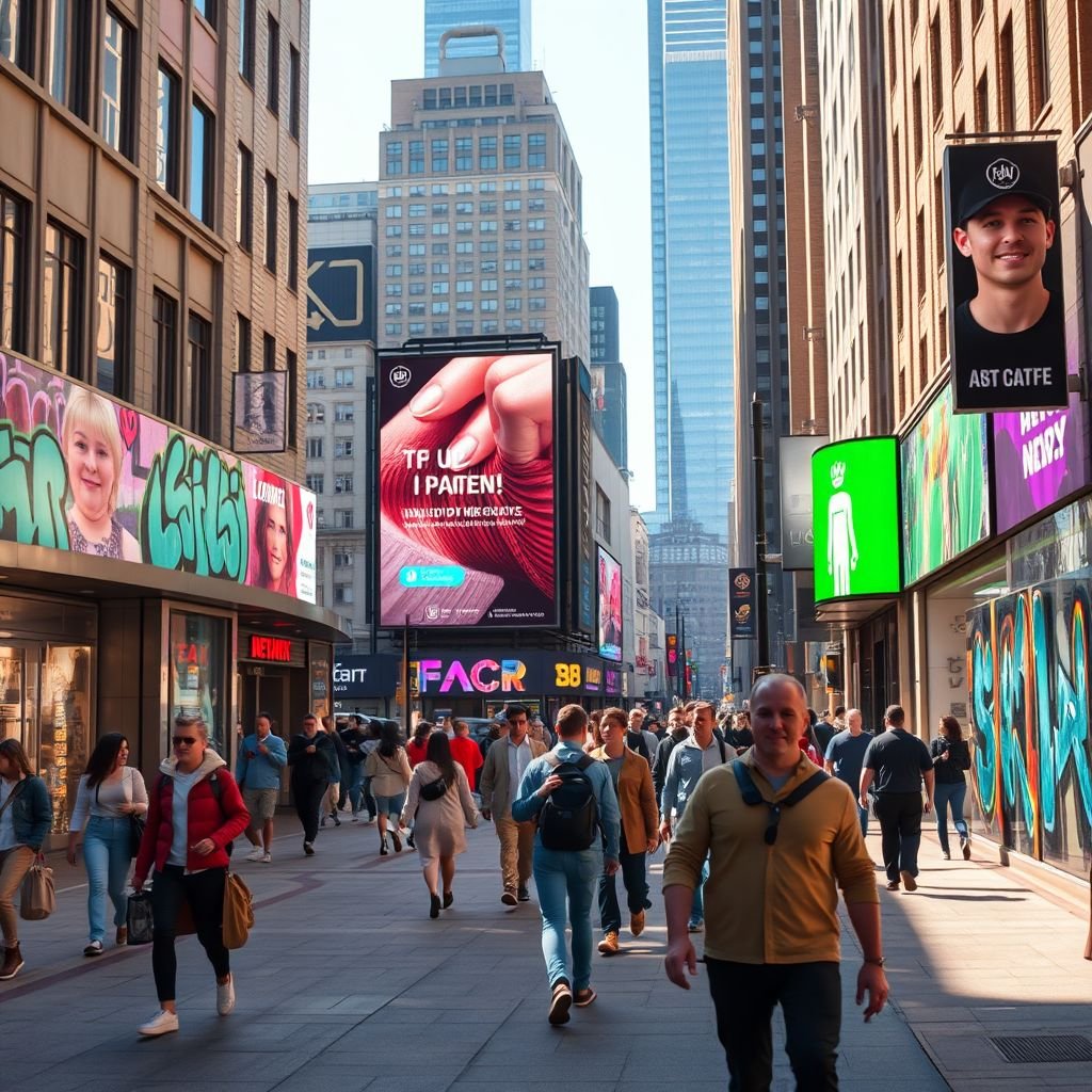 mockup design, Create a vibrant street scene featuring large, eye-catching advertisements on billboards and storefronts. Incorporate diverse pedestrians interacting with the space, showcasing elements like street art and colorful graffiti. Highlight the energy of city life with dynamic angles, warm sunlight, and a blend of modern and classic architectural styles.