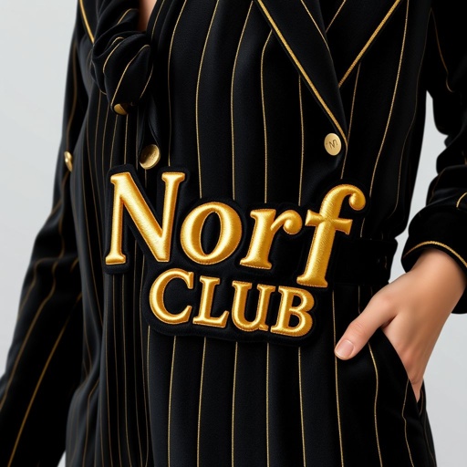 mockup design, Design a stylish black velvet jumpsuit featuring elegant gold pinstripes. The standout element is the word "Norf Club" boldly embroidered across the chest in a shimmering gold font. The jumpsuit should have a tailored fit with a flattering silhouette, complemented by chic wide-leg pants, perfect for a night out or a formal event.