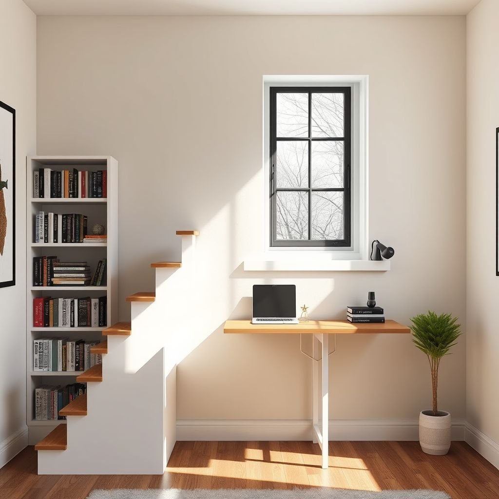 mockup design, Visualize a cozy, multifunctional space featuring a sturdy wall with a fire escape window positioned six feet high. Beneath the window, elegant stairs cleverly double as bookshelves, showcasing a curated collection of books. At the base, a sleek, integrated desk offers a perfect workspace, blending functionality with modern design aesthetics.
