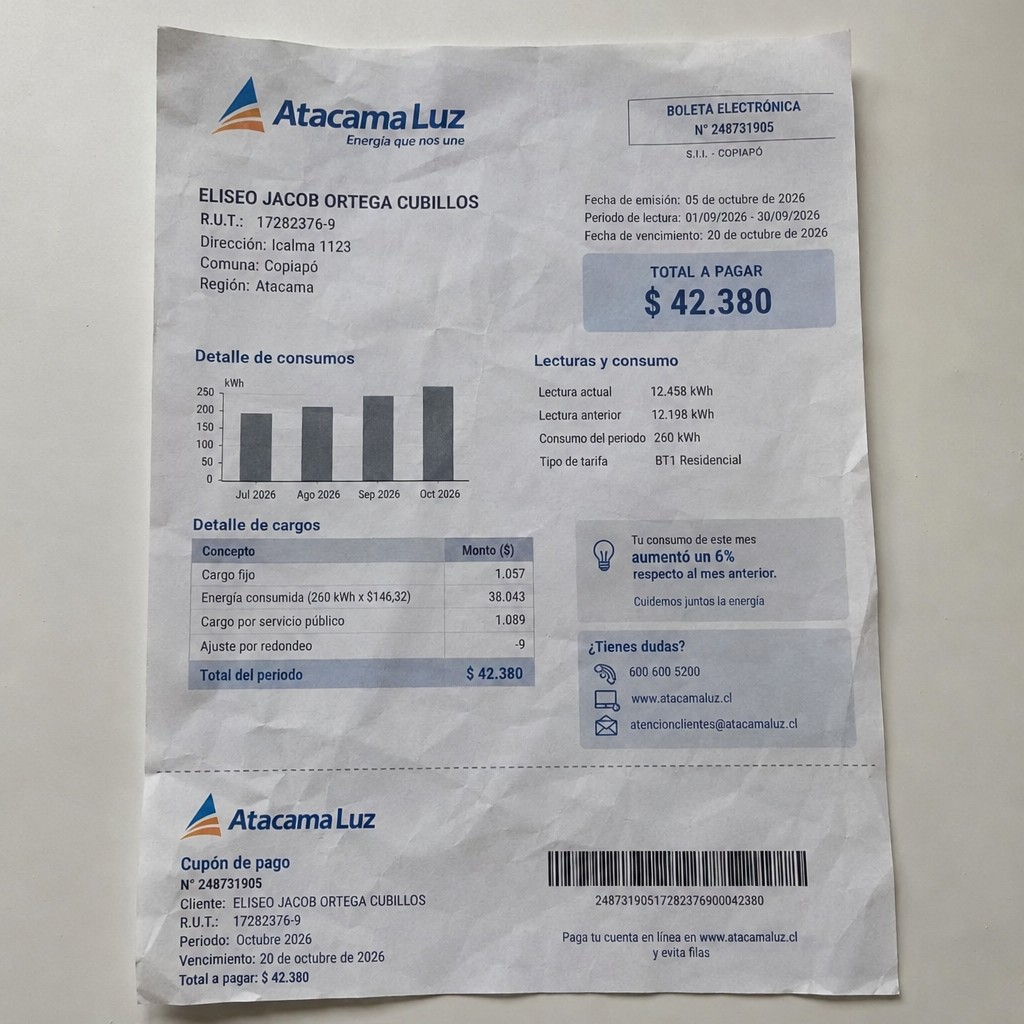 Create a statement, an electricity bill in CHILE. The A4 statement should be realistic, as if it were photographed on a phone. The document should be on a white background. The document must be for the last 3 months of October 2026. The document should contain several transactions and be wrinkled at the edges.
Name ELISEO JACOB ORTEGA CUBILLOS
Address Icalma 1123, 1531102 Copiapó, Atacama
R.U.T. 17282376-9
Date of birth 18.03.1990