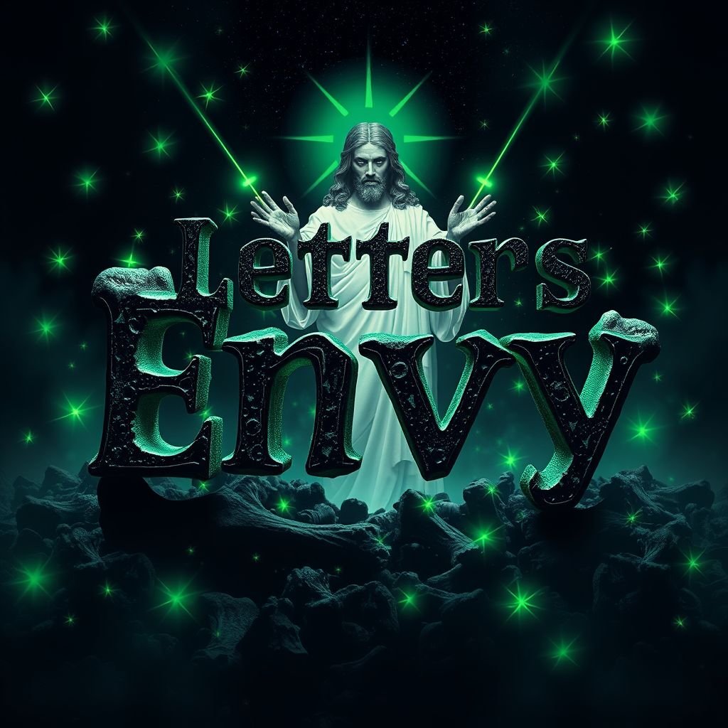 mockup design, Create a surreal mockup design featuring the phrase "Letters Envy" in a captivating font, surrounded by eerie, rotting bones illuminated by vibrant green shooting stars. In the background, depict a majestic, ethereal image of Jesus Christ, radiating light and hope, contrasting against the decay, combining themes of envy and redemption.