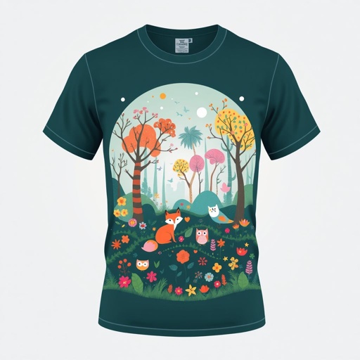 mockup design, Design a vibrant T-shirt featuring an eye-catching graphic of a whimsical forest scene. Include playful animals like foxes and owls amidst colorful trees and flowers. Use a pastel color palette to evoke a sense of calm and happiness, and position the design prominently on the front for maximum impact.
