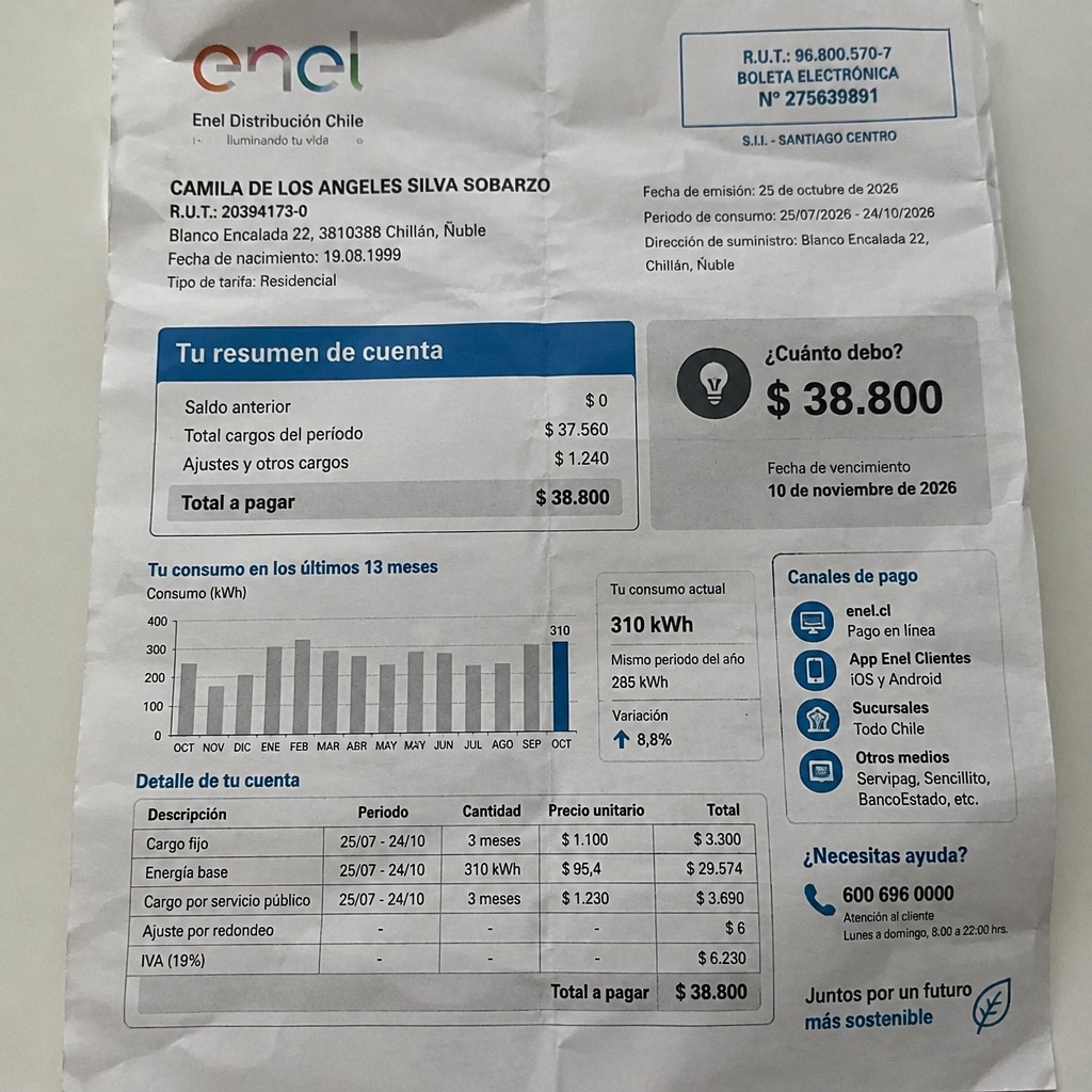 Create a statement, an electricity bill in CHILE. The A4 statement should be realistic, as if it were photographed on a phone. The document should be on a white background. The document must be for the last 3 months of October 2026. The document should contain several transactions and be wrinkled at the edges.
Name CAMILA DE LOS ANGELES SILVA SOBARZO
Address Blanco Encalada 22, 3810388 Chillán, Ñuble
R.U.T. 20394173-0
Date of birth 19.08.1999
Date of discharge 25.10.2026 (OCTOBER 2026)