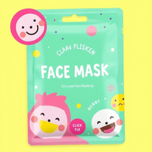 mockup design, Design a vibrant face mask packaging that exudes playfulness and creativity. Incorporate bold, cheerful colors like bright pinks, yellows, and greens. Include whimsical illustrations of happy faces wearing masks, along with fun patterns like polka dots and stripes. Add an eye-catching logo and clear product information for a delightful experience.
