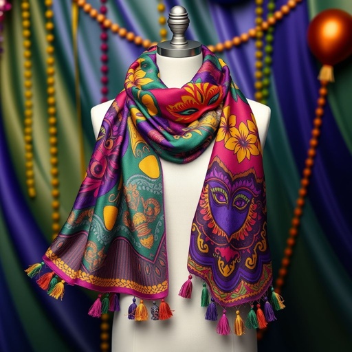 mockup design, Design a vibrant mockup for the "Krewe Of Hustlers" scarf, showcasing bold colors and intricate patterns inspired by Mardi Gras themes. Incorporate symbolic elements like masks and beads, all interwoven within a dynamic, flowing design. Highlight the scarf draped elegantly on a mannequin against a festive backdrop, capturing the spirit of celebration.