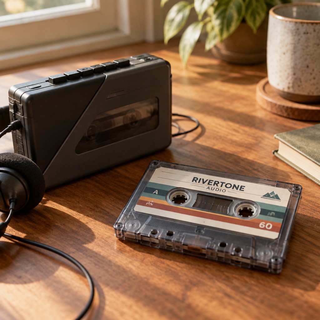 A cassette tape resting on a wooden desk beside a portable tape player, warm afternoon window light, three-quarter angle, featuring a tasteful sample brand design on the cassette label, no watermarks, no text overlays