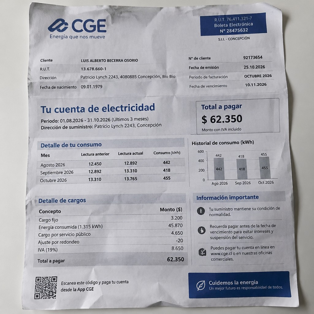 Create a statement, an electricity bill in CHILE. The A4 statement should be realistic, as if it were photographed on a phone. The document should be on a white background. The document must be for the last 3 months of October 2026. The document should contain several transactions and be wrinkled at the edges.
Name LUIS ALBERTO BECERRA OSORIO
Address Patricio Lynch 2243, 4080885 Concepción, Bío Bío
R.U.T. 13678660-1
Date of birth 09.01.1979
Date of discharge 25.10.2026 (OCTOBER 2026)