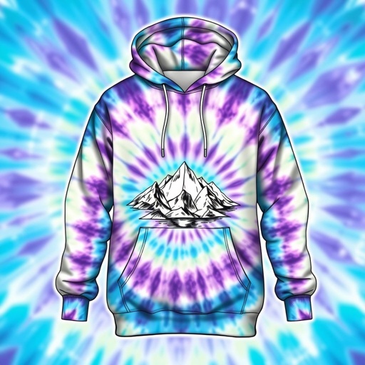 mockup design, Design a cozy hoodie featuring a vibrant, tie-dye pattern with shades of blue and purple. The front showcases an intricate, hand-drawn graphic of a mountain landscape. Include a kangaroo pocket and adjustable drawstrings, while emphasizing a relaxed fit. The fabric should appear soft and inviting, ideal for casual outings.