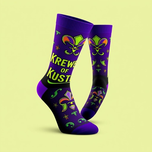 mockup design, Create a vibrant sock design mockup for the "Krewe Of Hustlers" brand. Infuse bold Royal Purple (#6A0DAD) and Electric Lime (#CCFF00) accents to embody Mardi Gras royalty and youthful energy. Integrate Rich Gold (#FFD700) lettering and patches for a touch of luxury. Utilize Black (#000000) for contrast and White (#FFFFFF) for balance, ensuring the design captures the lively New Orleans spirit. Add playful motifs or carnival-inspired patterns to enhance the festive vibe, making these socks perfect for celebrating life and joy.