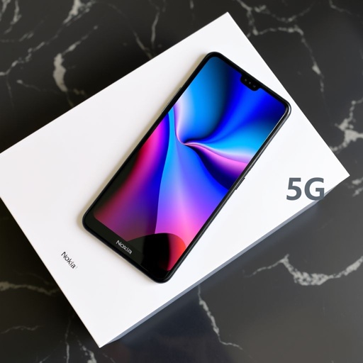 A sleek, black Nokia Mi 11 smartphone resting on a dark marble surface. The 6.5-inch screen glimmers with vibrant colors, showcasing a high-resolution photo captured by its 40 MP camera. A subtle 5G logo in the corner, hinting at advanced connectivity. Luxury packaging surrounds the device, exuding sophistication and elegance.
