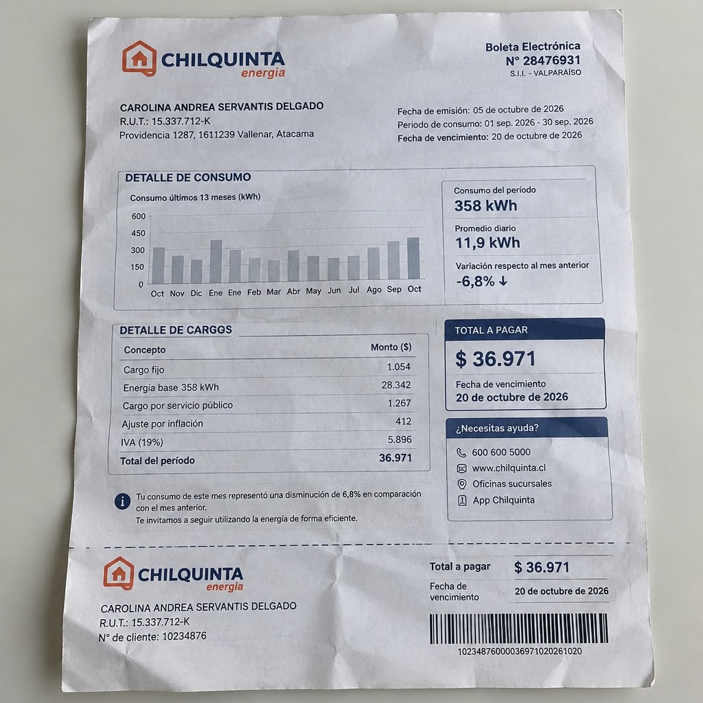 Create a statement, an electricity bill in CHILE. The A4 statement should be realistic, as if it were photographed on a phone. The document should be on a white background. The document must be for the last 3 months of October 2026. The document should contain several transactions and be wrinkled at the edges.
Name CAROLINA ANDREA SERVANTIS DELGADO
Address Providencia 1287, 1611239 Vallenar, Atacama
R.U.T. 15337712-K
Date of birth 11.07.1982