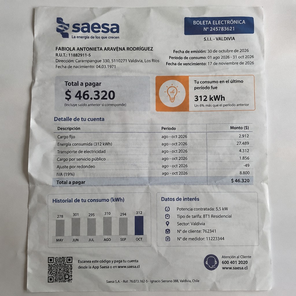 Create a statement, an electricity bill in CHILE. The A4 statement should be realistic, as if it were photographed on a phone. The document should be on a white background. The document must be for the last 3 months of October 2026. The document should contain several transactions and be wrinkled at the edges.
Name FABIOLA ANTONIETA ARAVĘNA RODRÍGUEZ
Address Carampangue 330, 5110271 Valdivia, Los Ríos
R.U.T. 11882911-5
Date of birth 04.03.1971
Date of discharge 30.10.2026 (OCTOBER 2026)