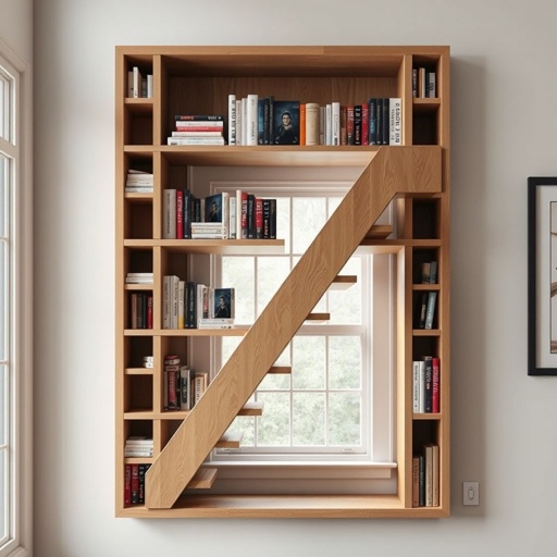 mockup design, Design an innovative fire escape that seamlessly integrates with a home’s aesthetic by resembling a bookshelf. The fire escape should feature open shelves filled with books, with the lower shelves transforming into sturdy steps leading down from a window 5 ft above the ground, enhancing safety while blending with the interior decor.