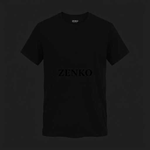 mockup design, Concevez un t-shirt moderne et élégant intitulé "ZENKO", qui incarne la maturité et le style streetwear. Le design doit inclure un logo artisanal minimaliste, discret mais facilement identifiable, placé sur le devant. Utilisez des couleurs neutres comme le noir, le gris ou le blanc, sans poches, pour une allure épurée.