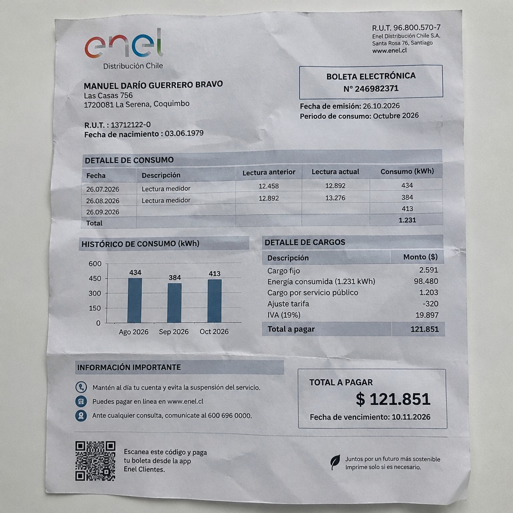 Create a statement, an electricity bill in CHILE. The A4 statement should be realistic, as if it were photographed on a phone. The document should be on a white background. The document must be for the last 3 months of October 2026. The document should contain several transactions and be wrinkled at the edges.
Name MANUEL DARÍO GUERRERO BRAVO
Address
Las Casas 756, 1720081 La Serena, Coquimbo
R.U.T. 13712122-0
Date of birth 03.06.1979
Date of discharge 26.10.2026 (OCTOBER 2026)