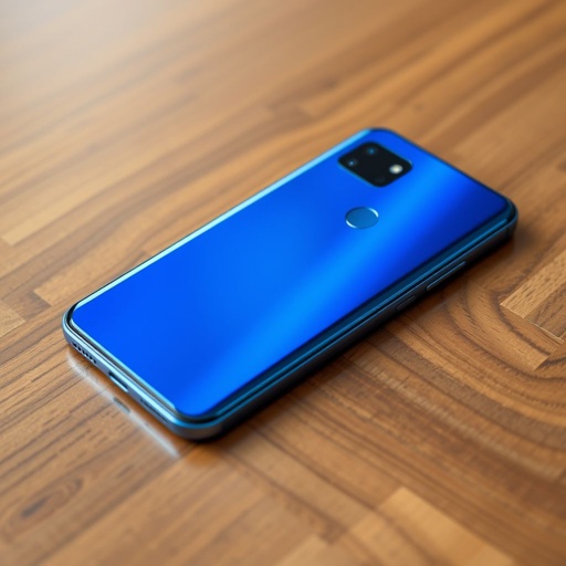 A sleek Google Pixel 6 nestled on a polished wooden surface. The vibrant blue hue glistens against the rich grain, accentuating the aluminum frame's elegance. A captivating 6.1-inch screen showcases vivid colors, while the impressive 40 MP camera glimmers nearby. 5G capability signifies cutting-edge technology in a mid-range masterpiece.