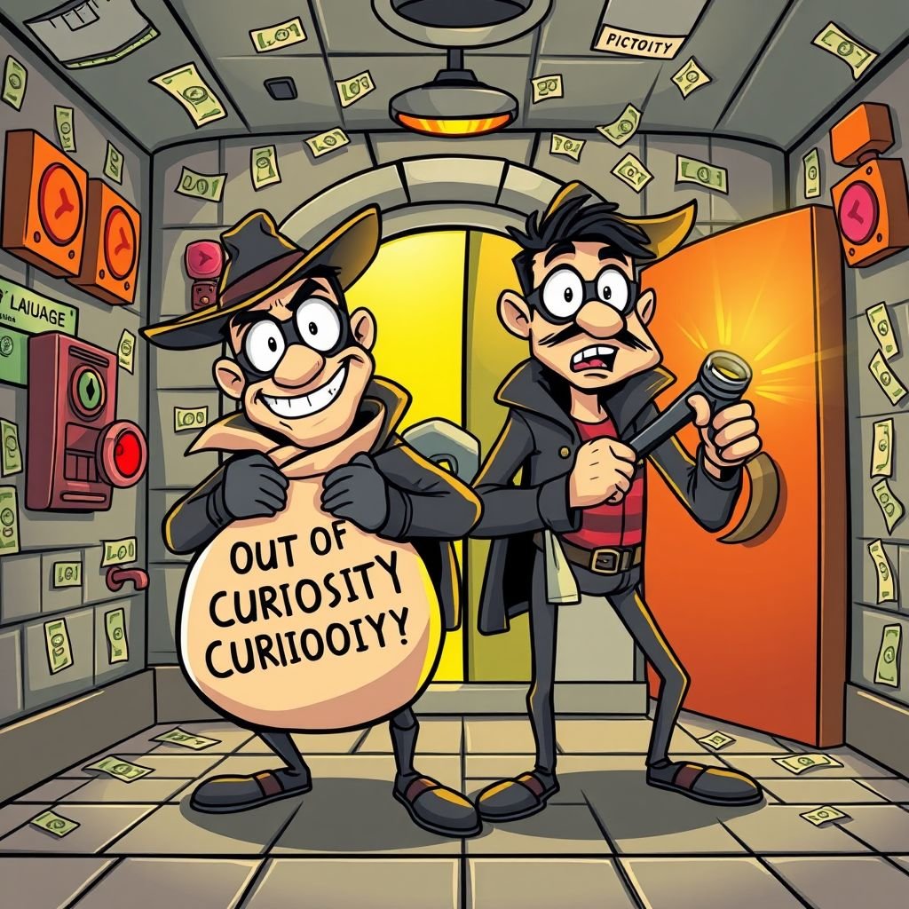 mockup design, Design a playful cartoon scene featuring two quirky robbers in a comic-style bank room. One robber, with a mischievous grin, clutches a large, overflowing bag labeled "Out of Curiosity." The other looks surprised, holding a flashlight. The room is filled with colorful banknotes, bright security alarms, and a whimsical vault door.