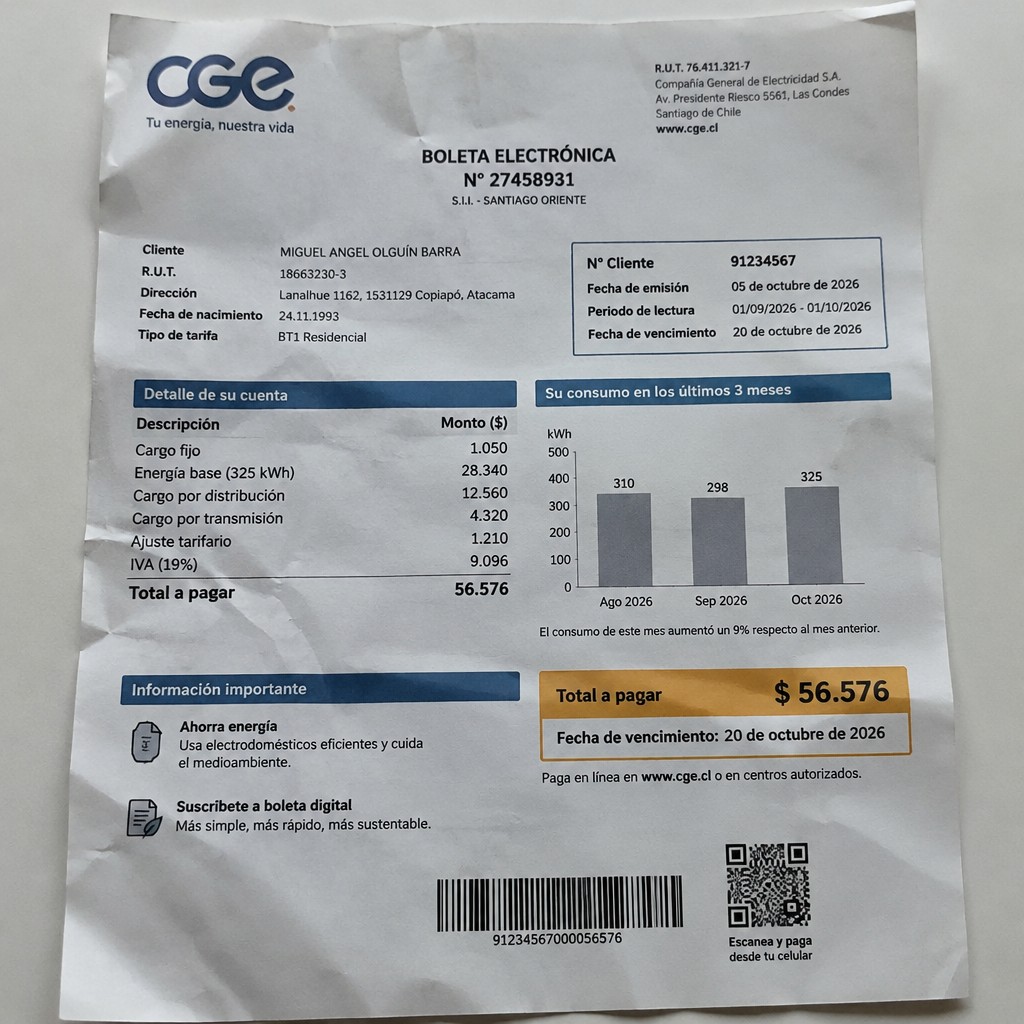 Create a statement, an electricity bill in CHILE. The A4 statement should be realistic, as if it were photographed on a phone. The document should be on a white background. The document must be for the last 3 months of October 2026. The document should contain several transactions and be wrinkled at the edges.
Name MIGUEL ANGEL OLGUÍN BARRA
Address Lanalhue 1162, 1531129 Copiapó, Atacama
R.U.T. 18663230-3
Date of birth 24.11.1993