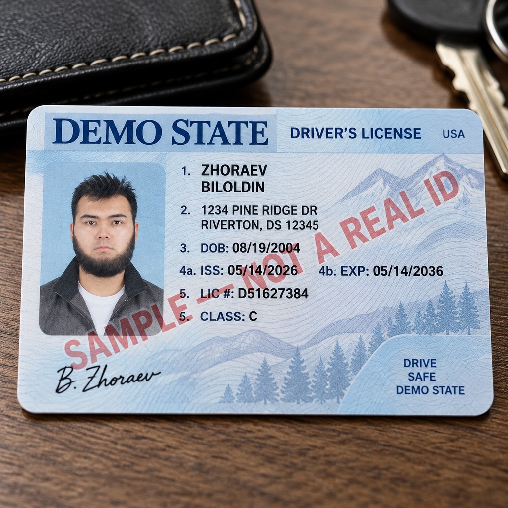 Create a high-quality, realistic American driver's license mockup displayed as a horizontal plastic ID card. Use a clean blue-and-white design with subtle security-inspired patterns, a professional layout, and a small portrait photo on the left. Include fields for full name, date of birth, address, license number, issue date, expiration date, and class of license. Use a fictional U.S. state called “DEMO STATE.” Add a large, clearly visible “SAMPLE — NOT A REAL ID” watermark across the card. Use entirely fictional personal information and avoid real government seals, scannable barcodes, or any design that could be mistaken for an authentic government-issued license. Make the result polished, detailed, and suitable for an educational presentation.