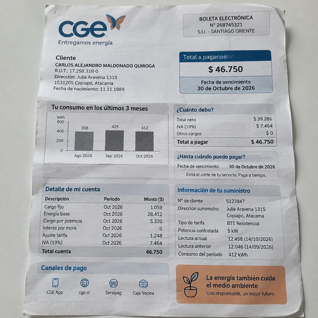 Create a statement, an electricity bill in CHILE. The A4 statement should be realistic, as if it were photographed on a phone. The document should be on a white background. The document must be for the last 3 months of October 2026. The document should contain several transactions and be wrinkled at the edges.
Name CARLOS ALEJANDRO MALDONADO QUIROGA
Address Julia Aravena 1315, 1531205 Copiapó, Atacama
R.U.T. 17258318-0
Date of birth 11.11.1989