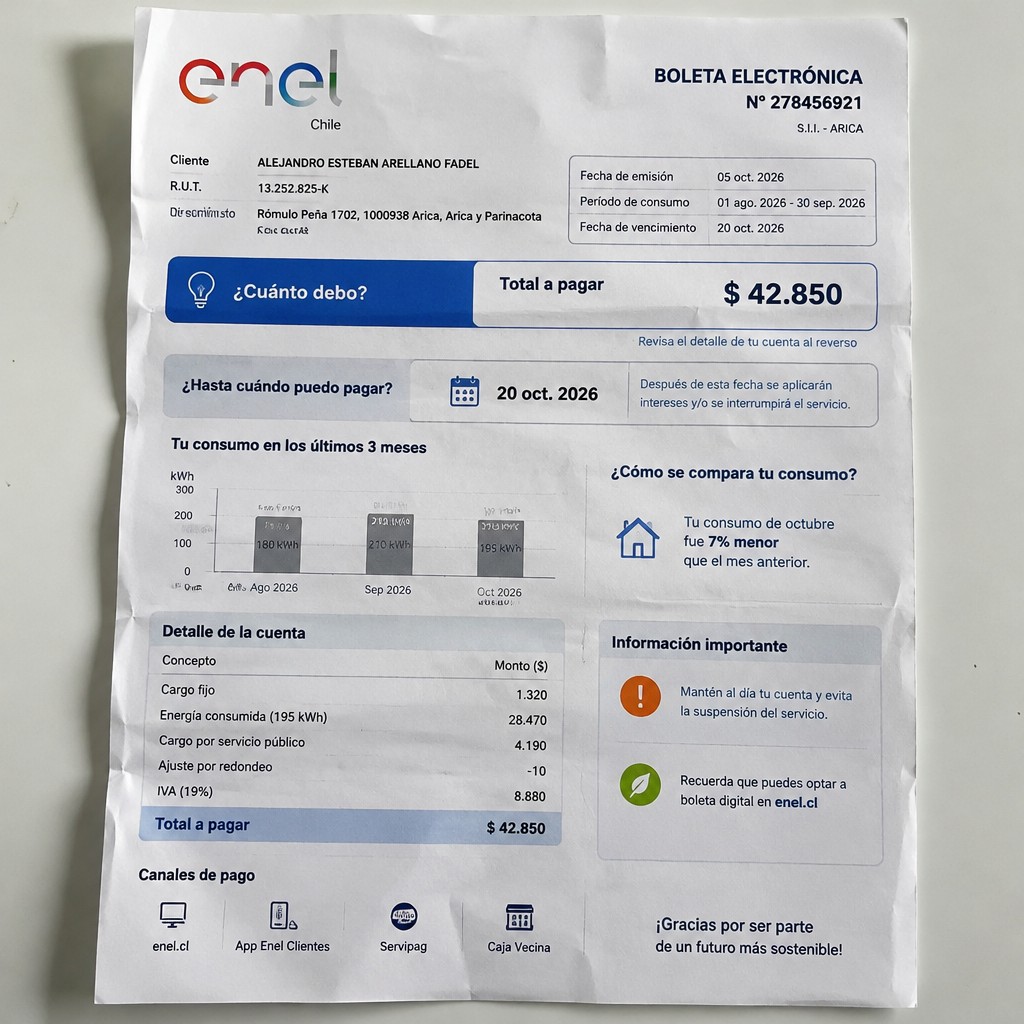 Create a statement, an electricity bill in CHILE. The A4 statement should be realistic, as if it were photographed on a phone. The document should be on a white background. The document must be for the last 3 months of October 2026. The document should contain several transactions and be wrinkled at the edges.
Name ALEJANDRO ESTEBAN ARELLANO FADEL
Address Rómulo Peña 1702, 1000938 Arica, Arica y Parinacota
R.U.T. 13252825-K
Date of birth 05.05.1977
