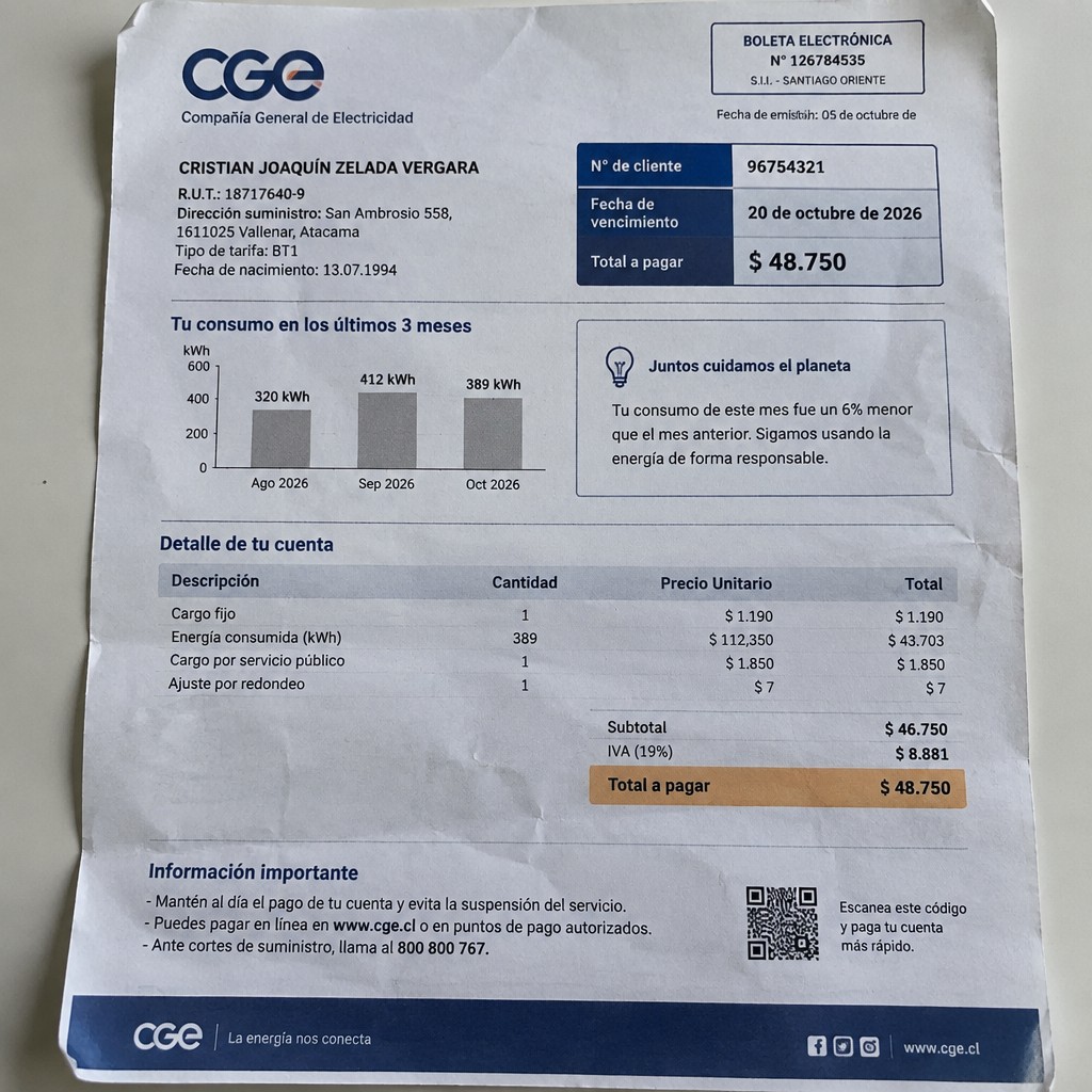 Create a statement, an electricity bill in CHILE. The A4 statement should be realistic, as if it were photographed on a phone. The document should be on a white background. The document must be for the last 3 months of October 2026. The document should contain several transactions and be wrinkled at the edges.
Name CRISTIAN JOAQUÍN ZELADA VERGARA
Address San Ambrosio 558, 1611025 Vallenar, Atacama
R.U.T. 18717640-9
Date of birth 13.07.1994