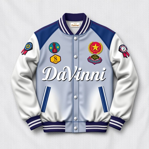 mockup design, Create a mockup design featuring a varsity jacket as the central element, adorned with colorful, embroidered patches representing various achievements. The background should subtly incorporate a textured fabric pattern, adding depth. Prominently display the DaVinci logo in an elegant font at the center, blending seamlessly with the overall sporty aesthetic.