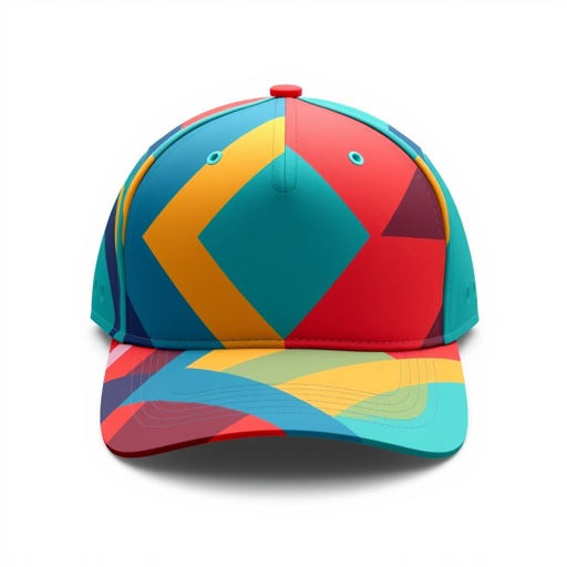 mockup design, Create a stylish cap mockup that showcases a modern design featuring a curved brim and adjustable strap. Incorporate a vibrant color palette with a unique geometric pattern. The front should display a bold logo, while the sides feature breathable eyelets. Use a realistic fabric texture for authenticity in the presentation.