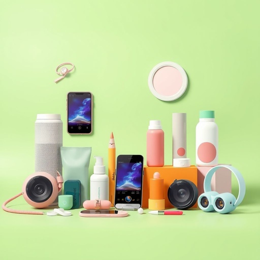 mockup design, Design a vibrant mockup featuring a diverse array of innovative products, showcasing electronics, beauty items, and eco-friendly gadgets. Include a sleek, modern background with subtle textures and a harmonious color palette. Arrange the products artfully to highlight their unique features, ensuring each item draws attention while maintaining a cohesive look.