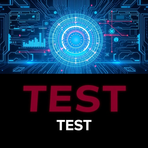 mockup design, Create a sleek, modern mockup design titled "Test." The visually striking layout should feature a high-tech theme with futuristic elements like digital graphs, circuit patterns, and holographic displays. Incorporate a blend of vibrant colors and stark contrasts, showcasing the concept of experimentation and innovation in technology and research.