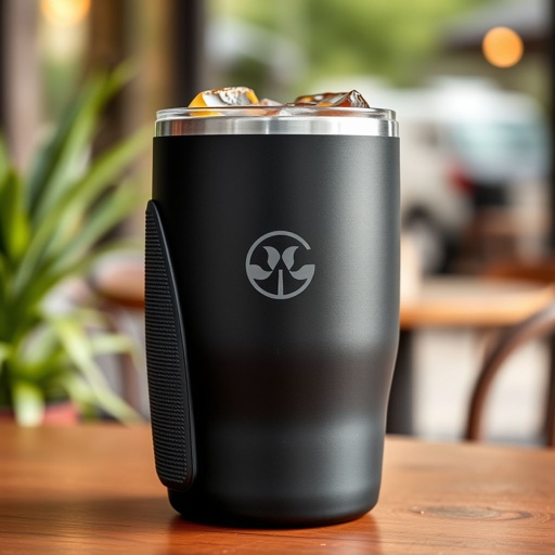 mockup design, Create a sleek, modern tumbler design featuring a matte black finish with an elegant stainless steel rim. Highlight an ergonomic shape with a textured grip for comfort. Incorporate a minimalist logo embossed on one side, and show the tumbler filled with iced coffee against a blurred outdoor café backdrop.