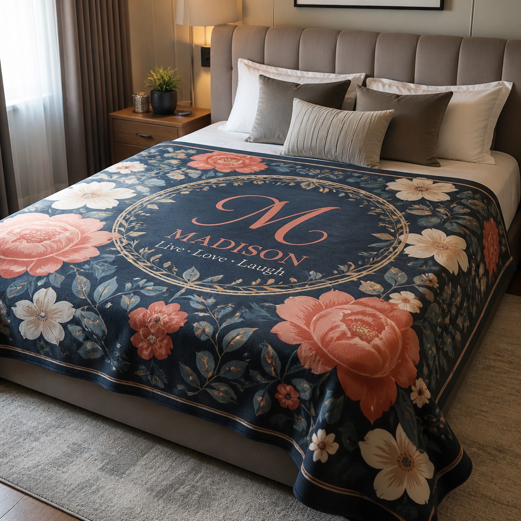 Create a realistic product mockup based on these instructions:
Design a cozy, editable blanket spread artfully across a king-sized bed in a modern bedroom. Incorporate vibrant patterns and textures, such as floral, geometric, or abstract motifs. Include customizable elements, like color palettes and sizes, to enhance personalization. Soft pillows and a soothing color scheme complete the inviting atmosphere.
Create a professional, photorealistic mockup scene. If the instructions mention a design,
artwork, logo, print or graphic, invent an original, fitting design and integrate it onto the
product realistically with proper perspective, lighting and material texture. Only show a clean,
undecorated product if the instructions explicitly ask for a blank or plain product.