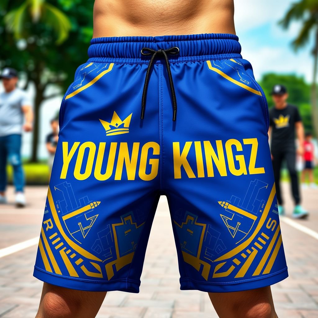mockup design, Design a vibrant mockup featuring the brand name "Young Kingz" prominently across stylish athletic shorts. Incorporate a crown logo and bold typography. Use a dynamic color palette of royal blue and gold, alongside modern patterns, to evoke a sense of confidence and youthfulness. Contextualize with an energetic outdoor setting.