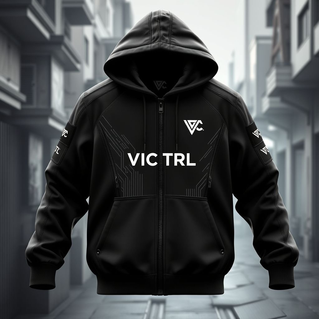mockup design, Create a mockup design for a streetwear hoodie from the fictional brand "VOIDCONTROL" (VCTRL). The hoodie features a futuristic, techwear-inspired aesthetic with a monochrome palette of black and dark gray. Incorporate glitch patterns and geometric lines subtly. Showcase the "VCTRL" logo prominently, perhaps on the chest or sleeve. Design for functionality with an oversized fit, hidden zippers, tactical pockets, and layered textures, embodying an edgy style. The background should reflect an urban dystopian setting, reinforcing the theme of "controlling the void." Use 3D fashion concept art style with high detail and studio lighting to enhance the hoodie’s sleek, minimalist chaos.
