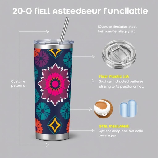 mockup design, Create a striking mockup design for a 20-ounce tumbler featuring a stainless-steel finish. Incorporate vibrant, customizable patterns such as geometric shapes or floral designs. Include a clear plastic lid with a silicone straw, and showcase options for both matte and glossy textures. Highlight its insulated functionality for hot and cold beverages.