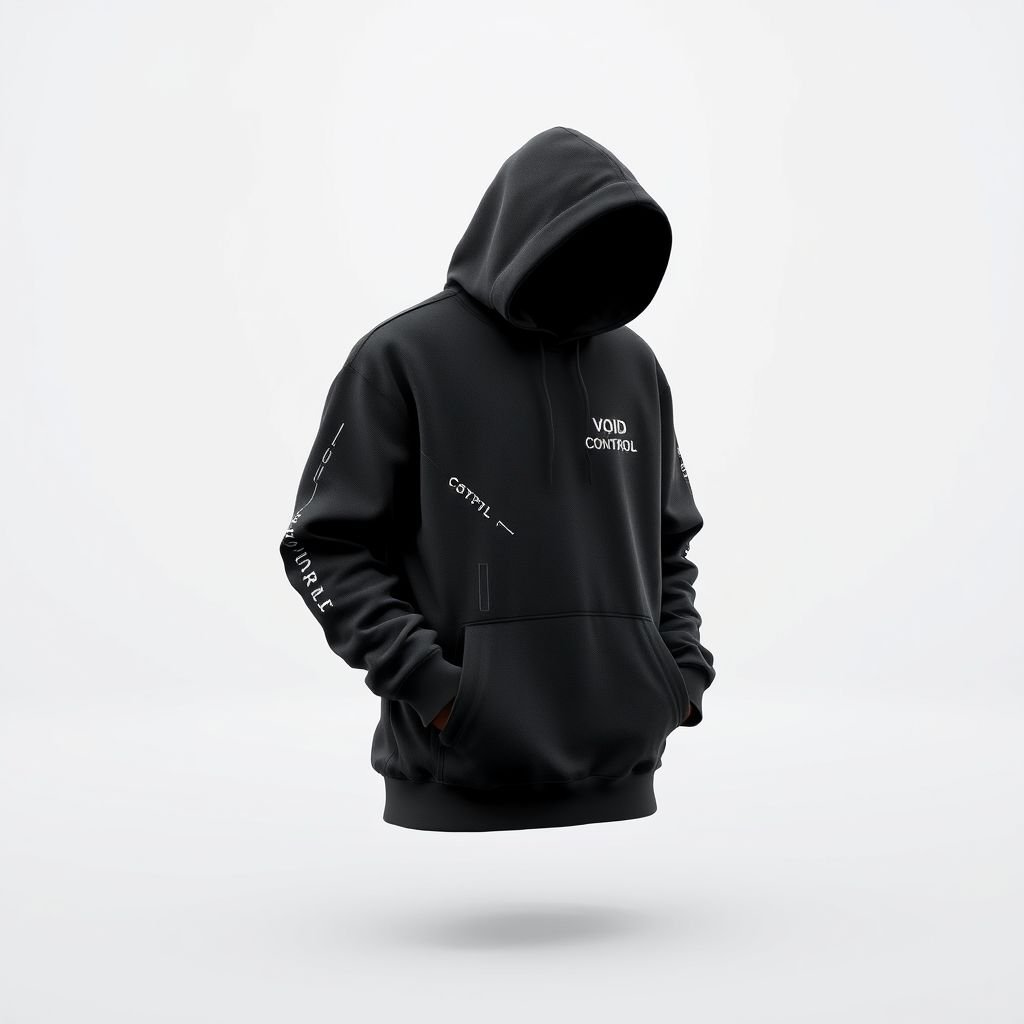 mockup design, Create a high-detail 3D mockup of a modern streetwear hoodie designed for the fictional brand "VOIDCONTROL" (VCTRL). The hoodie embodies a futuristic, minimalist aesthetic, utilizing a monochrome palette of black, dark gray, and muted tones. Integrate glitch patterns, geometric lines, and asymmetrical elements subtly throughout the fabric. Feature the "VCTRL" logo prominently on the chest or sleeve, ensuring it stands out yet blends organically with the design. The oversized fit should exude an edgy, functional vibe, enhanced by hidden zippers, tactical pockets, and layered textures. Position the garment against a clean or urban dystopian backdrop, encapsulating the theme of "controlling the void" where minimalism links with chaotic elements. Use studio lighting to accentuate details, showcasing the hoodie as a cutting-edge fashion statement.