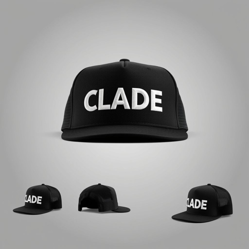 mockup design, Create a stylish mockup of a black trucker hat featuring the CLADE brand name prominently displayed. The design should have the iconic London skyline delicately embroidered in white behind the brand name, emphasizing urban sophistication. Showcase the hat from multiple angles to highlight its unique features and overall aesthetic appeal.