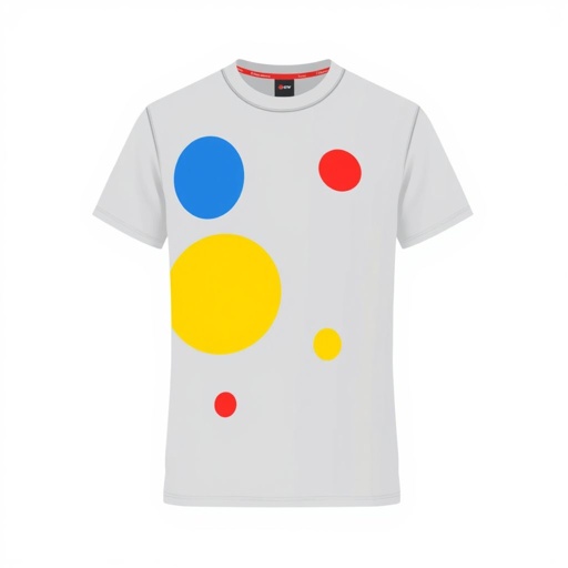 mockup design, Entwerfe ein farbenfrohes T-Shirt, das mit kreativen, schlichten Farbklecksen in verschiedenen Größen verziert ist. Die Kleckse sollten in lebhaften Farben wie Blau, Rot, Gelb und Grün gehalten sein. Das Design soll einen modernen, künstlerischen Look vermitteln, ideal für Kunstliebhaber und kreative Köpfe, die ihren individuellen Stil zeigen möchten.