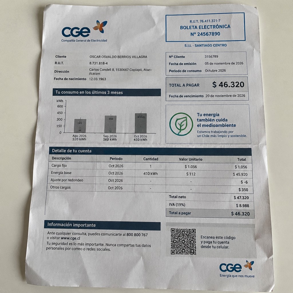 Create a statement, an electricity bill in CHILE. The A4 statement should be realistic, as if it were photographed on a phone. The document should be on a white background. The document must be for the last 3 months of October 2026. The document should contain several transactions and be wrinkled at the edges.
Name OSCAR OSVALDO BERRIOS VILLAGRA
Address Carlos Condell 8, 1530667 Copiapó, Atacama
R.U.T. 8731818-4
Date of birth 12.03.1963