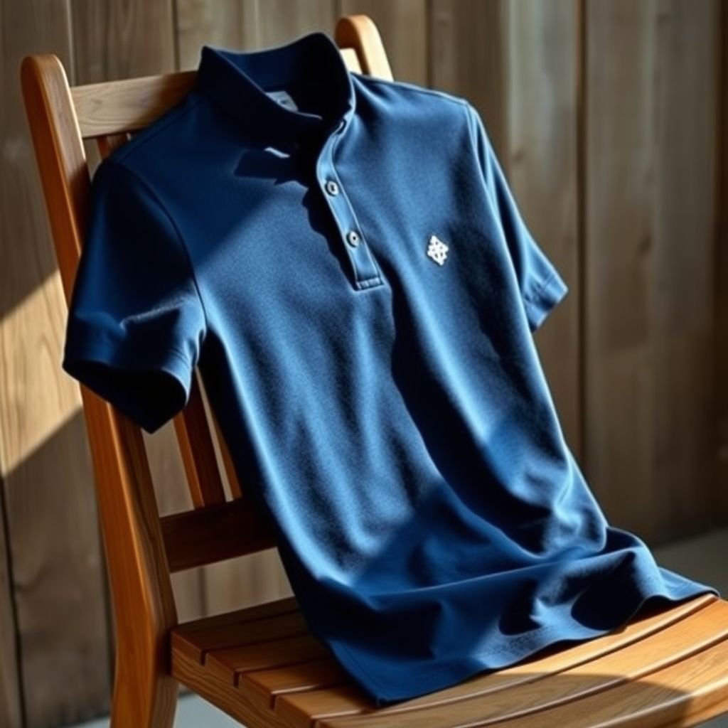 Poloshirt draped casually on a wooden chair. Soft, structured fabric in vibrant navy hue. Mandarin collar standing elegantly, exhibiting subtle sophistication. Regular fit cascading gently, exuding comfort. Logo design embroidered in contrasting white, adding a touch of modernity. Natural light casting soft shadows, highlighting the garment's refined details against a rustic backdrop.