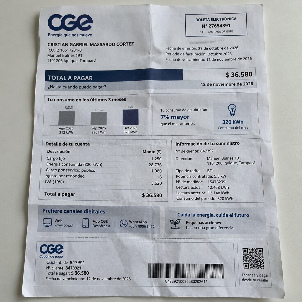 Create a statement, an electricity bill in CHILE. The A4 statement should be realistic, as if it were photographed on a phone. The document should be on a white background. The document must be for the last 3 months of October 2026. The document should contain several transactions and be wrinkled at the edges.
Name CRISTIAN GABRIEL MASSARDO CORTEZ
Address Manuel Bulnes 191, 1101206 Iquique, Tarapacá
R.U.T. 16517231-0
Date of birth 28.09.1986
