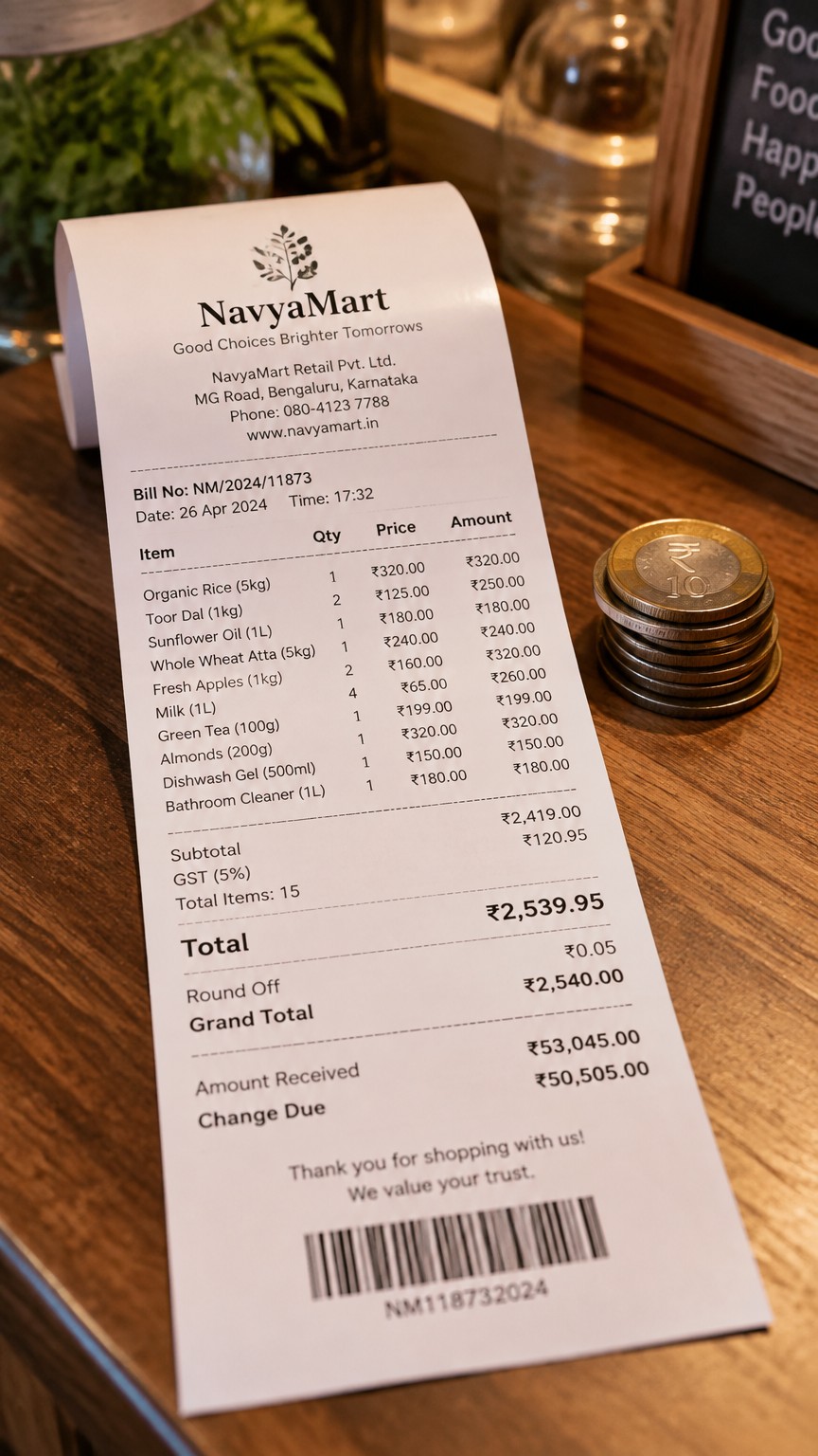 53045 indian rupees reciept generate
A long thermal paper receipt featuring a tasteful sample brand design at the top, curling slightly beside a small stack of coins on a wooden counter, warm interior lighting, close-up angle, no watermarks, no text overlays