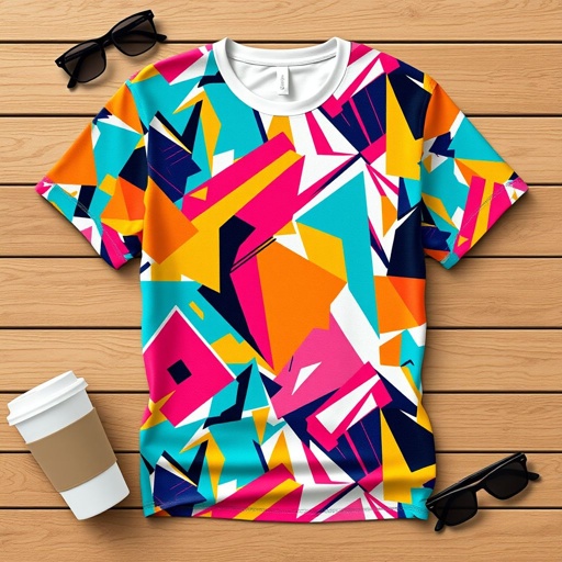 mockup design, Create a mockup design for a trendy T-shirt featuring a vibrant, abstract geometric pattern in bold colors. The shirt should have a relaxed fit and short sleeves, displayed on a wooden table background. Include lifestyle elements such as sunglasses and a coffee cup to showcase its casual, fashionable vibe.