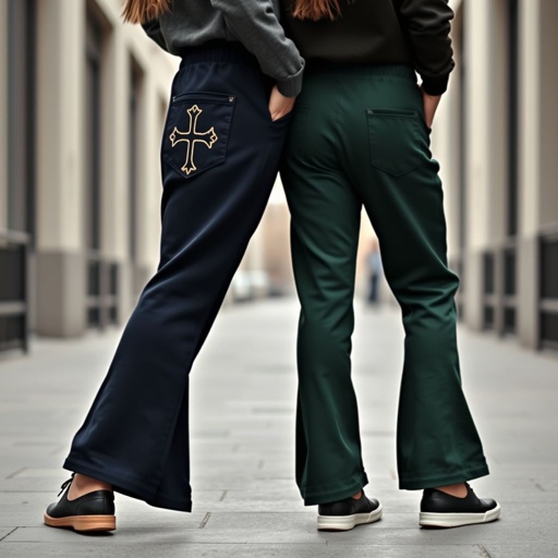 mockup design, Design a pair of stylish flared sweatpants featuring a unique, embroidered cross design on the back pocket. The sweatpants should have a relaxed fit with a high waistband, made from a soft, eco-friendly fabric. Include rich colors like deep navy and forest green, and showcase them in a trendy urban setting.