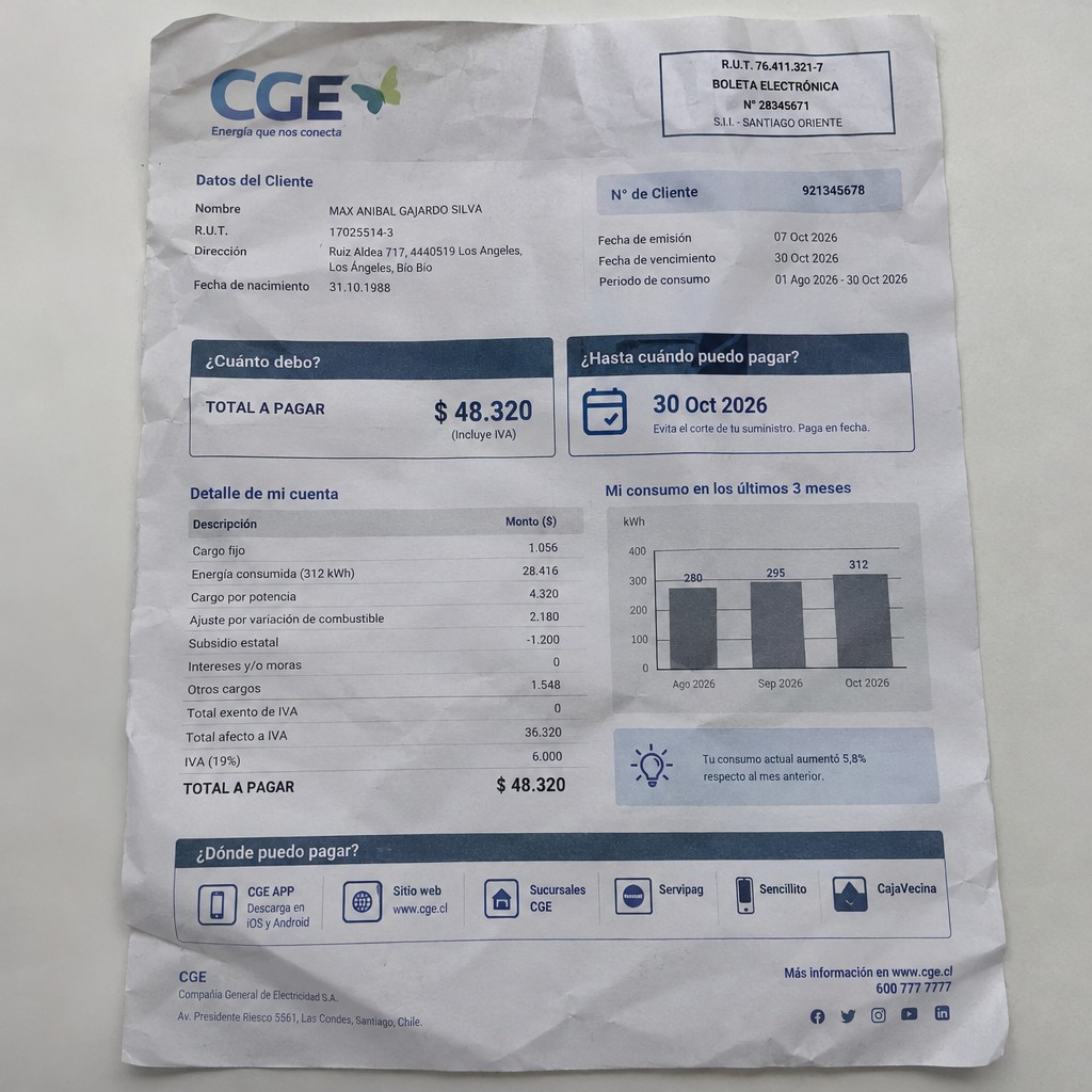 Create a statement, an electricity bill in CHILE. The A4 statement should be realistic, as if it were photographed on a phone. The document should be on a white background. The document must be for the last 3 months of October 2026. The document should contain several transactions and be wrinkled at the edges.
Name MAX ANIBAL GAJARDO SILVA
Address Ruiz Aldea 717, 4440519 Los Angeles, Los Ángeles, Bío Bío
R.U.T. 17025514-3
Date of birth 31.10.1988
Date of discharge 30.10.2026 (OCTOBER 2026)