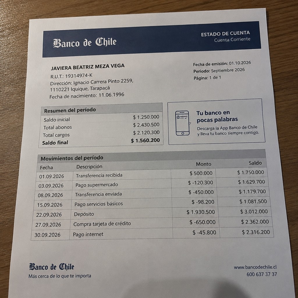 Create any statement containing the data. these can be statements such as : Bank statement. BANCO DE CHILE the statement should be realistic, as if it were photographed on a phone. The statement is on the same background.
Name JAVIERA BEATRIZ MEZA VEGA
Address
Ignacio Carrera Pinto 2259, 1110221 Iquique, Tarapacá
R.U.T. 19314974-K
Date of birth 11.06.1996
Date of discharge 01.10.2026 (OCTOBER 2026)