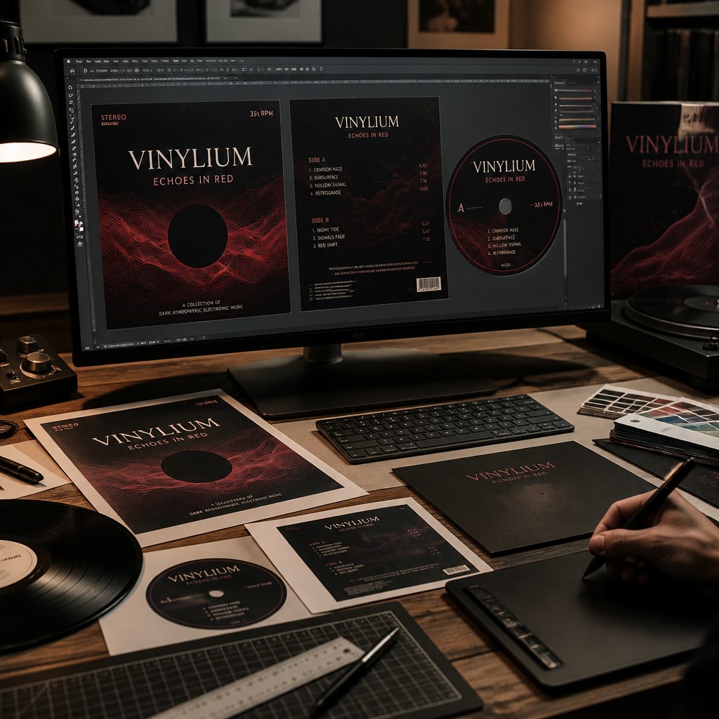 Ultra-realistic high-end commercial photography of a professional graphic designer creating artwork for a premium vinyl record release.
A designer is working at a modern professional design workstation with a large high-resolution monitor displaying a sophisticated vinyl record sleeve design and a matching vinyl record label layout. On the screen, clearly visible are the front and back artwork of a 12-inch vinyl record sleeve, typography, graphic elements, color palette, and a circular record label design being precisely prepared for printing.
On the desk around the monitor are physical vinyl record sleeves, printed design proofs, sheets of artwork, a black vinyl record, a blank record label, color swatches, a ruler and professional graphic design tools. The physical materials should look realistic and premium.
The design visible on the screen uses a sophisticated black and deep crimson red color palette, with elegant typography and abstract graphic elements. The word "VINYLIUM" may appear naturally as part of the design.
Modern creative studio, premium graphic design environment, professional color-calibrated monitor, realistic keyboard and graphics tablet, subtle warm ambient lighting combined with soft monitor light.
Cinematic commercial photography, photorealistic, extremely detailed, realistic materials and textures, sophisticated atmosphere, creative but professional, premium music industry aesthetic, shallow depth of field, 35mm professional camera, natural perspective.
The image should communicate: professional graphic design, custom vinyl record artwork, sleeve design, record label design, attention to detail and craftsmanship.
Wide horizontal composition optimized for a premium website section. The monitor and vinyl artwork are the main focus. No visible face required, no unnecessary people, no generic stock-photo appearance, no smartphone, no office environment, no watermark.