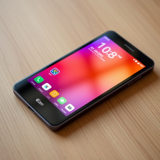 A sleek LG Lumia 950 smartphone resting on a minimalist wooden surface. The device's glossy black plastic body glimmers under soft ambient light. A vivid 5.0-inch screen displays vibrant icons. A prominent 20 MP camera lens glistens, hinting at advanced photography capabilities. Subtle Tizen branding embossed on the side, modern budget-friendly design.